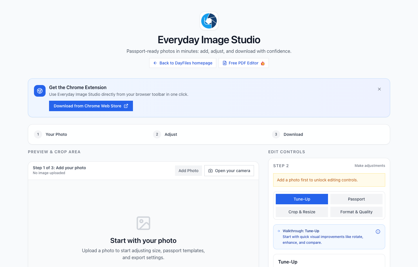 Everyday Image Studio workspace showing tool navigation and the main editing canvas