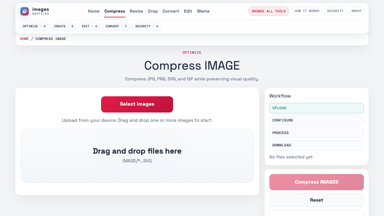Live Images Dayfiles compress-image page showing the browser-based compression workspace