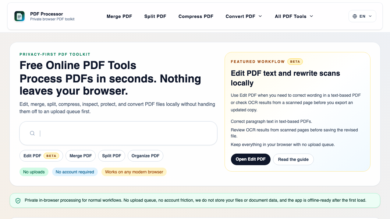Live PDF Dayfiles homepage showing the browser-based PDF tool categories and upload-first workspace