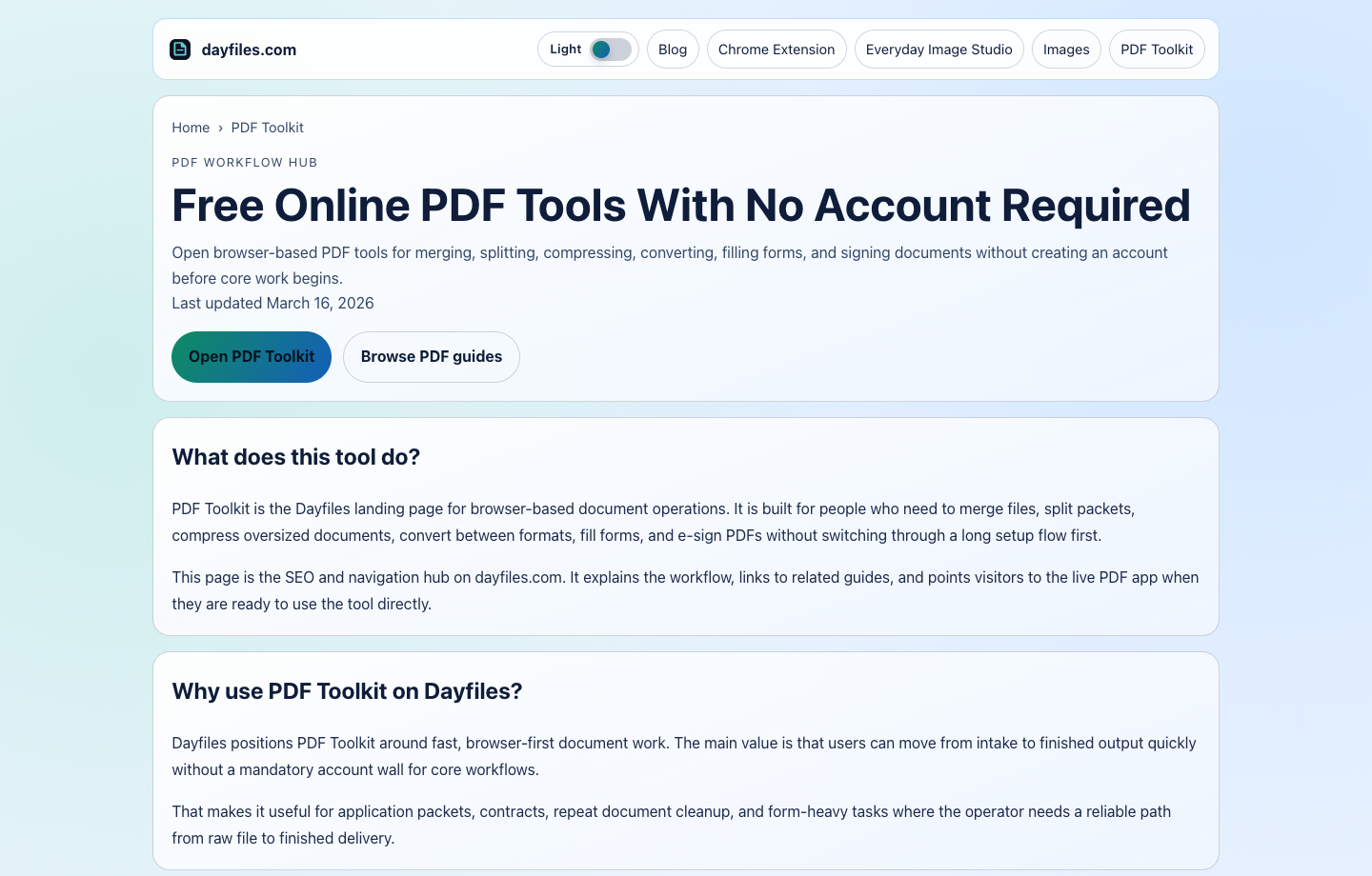 Dayfiles PDF Toolkit hub page with tool overview and workflow navigation
